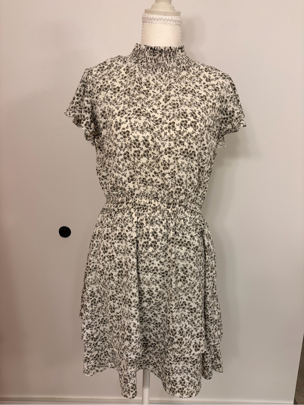 Smocked Floral Midi Dress in White and Black